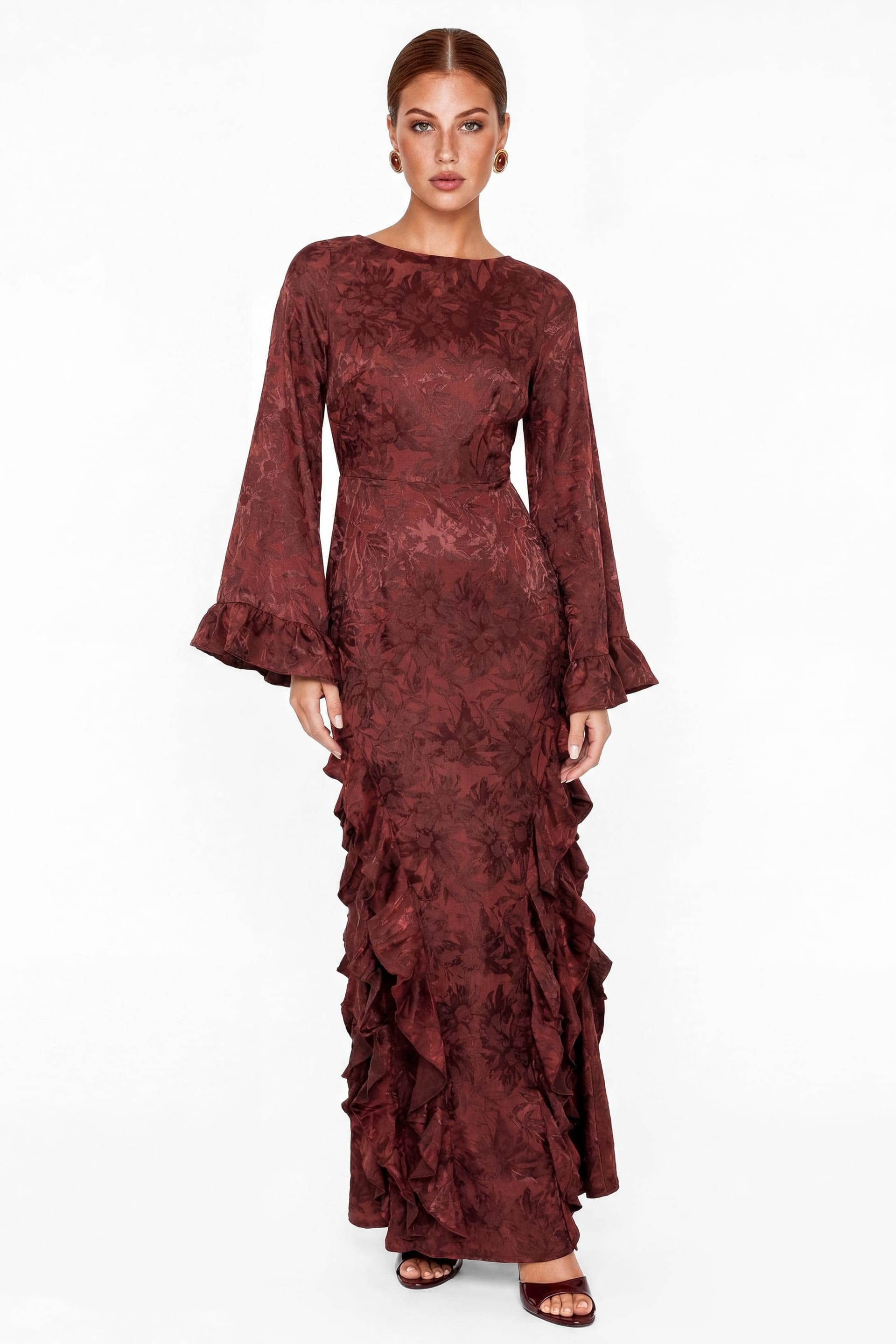 Maya Deluxe Floral Jacquard Waterfall Ruffle Satin Maxi Dress In
