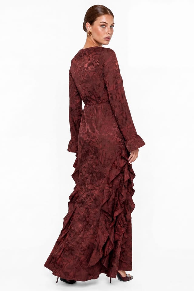 Maya Deluxe Maya Deluxe Women's Floral Jacquard Waterfall Ruffle Satin Maxi Dress in Dark Red - 2