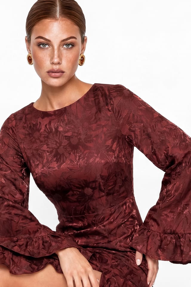 Maya Deluxe Maya Deluxe Women's Floral Jacquard Waterfall Ruffle Satin Maxi Dress in Dark Red - 3