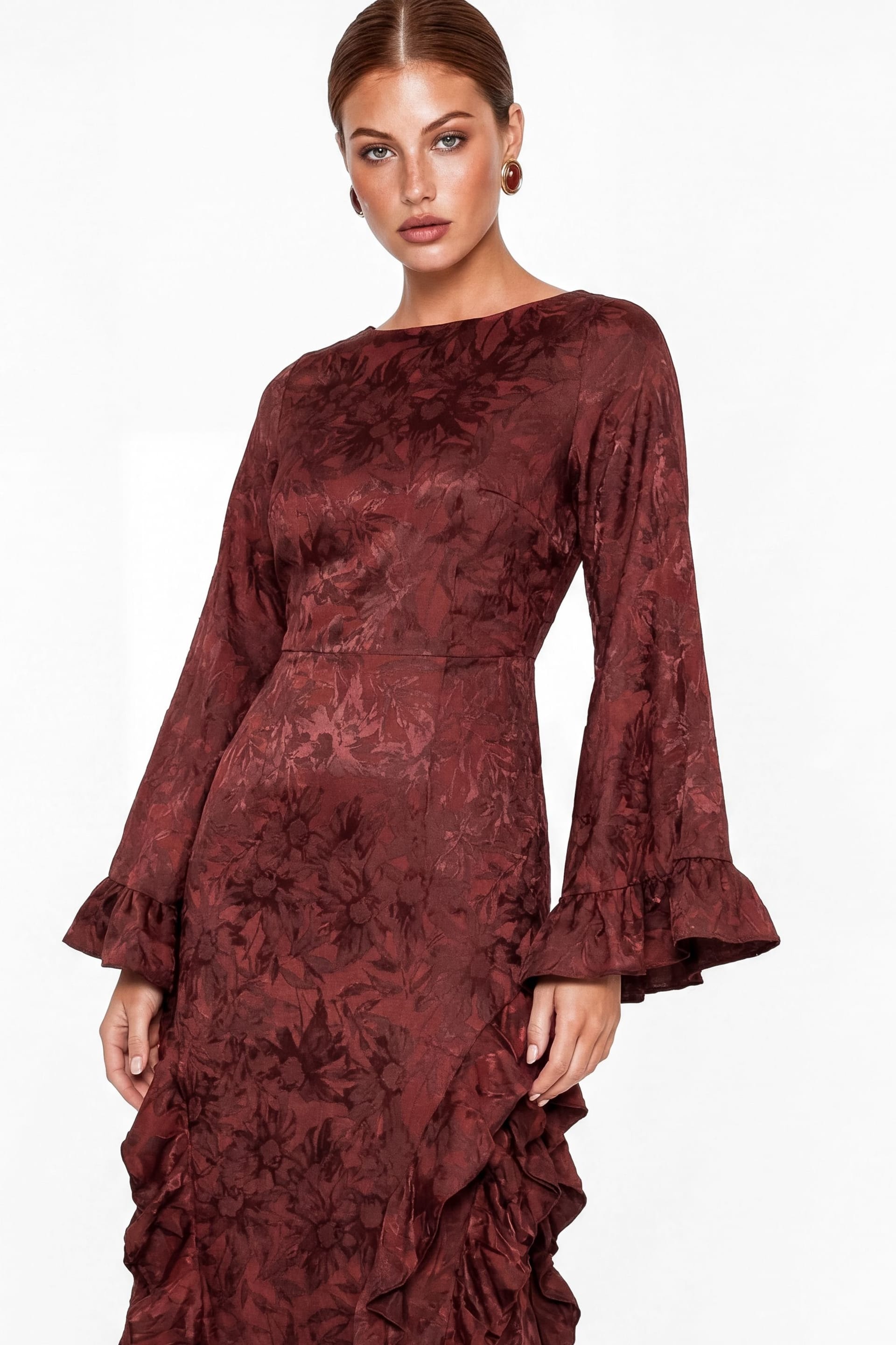 Maya Deluxe Maya Deluxe Women's Floral Jacquard Waterfall Ruffle Satin Maxi Dress in Dark Red - 4