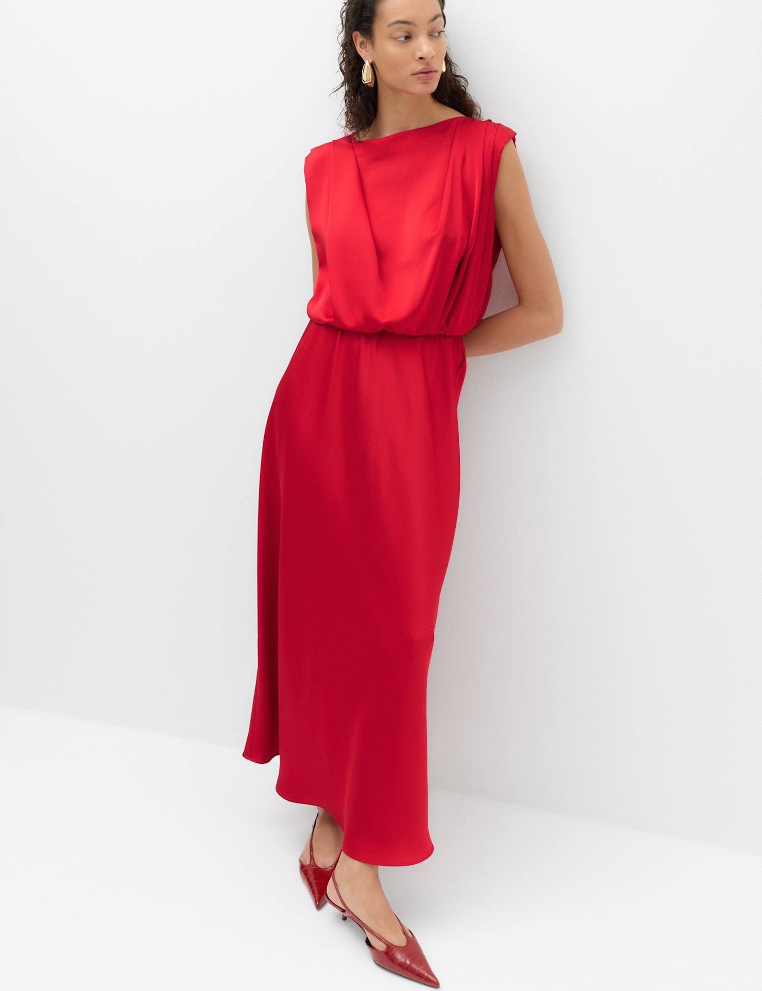 Marks & Spencer M&S Satin Pleat Detail Midaxi Waisted Dress Red