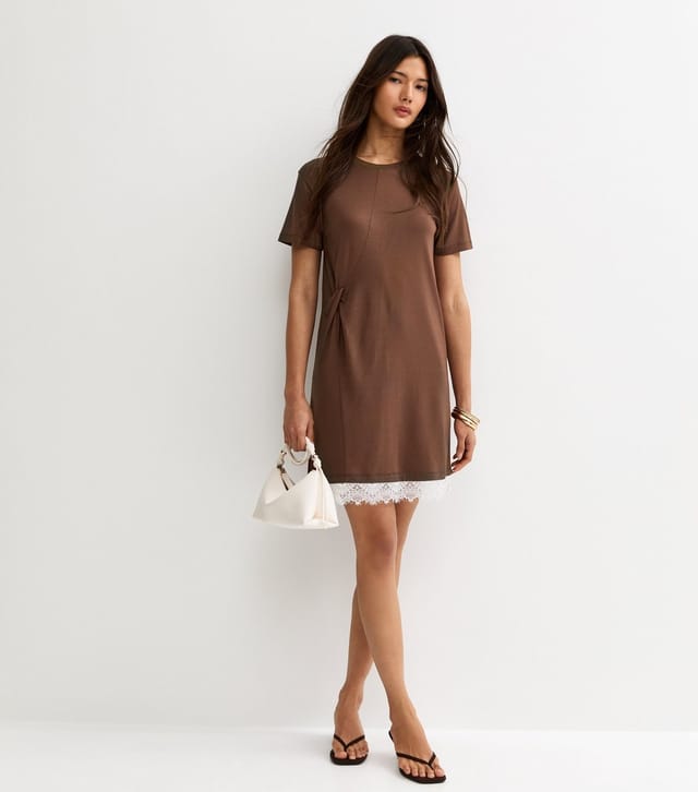 New Look Women's Dark Brown Lace Trim T-Shirt Dress New Look - 3