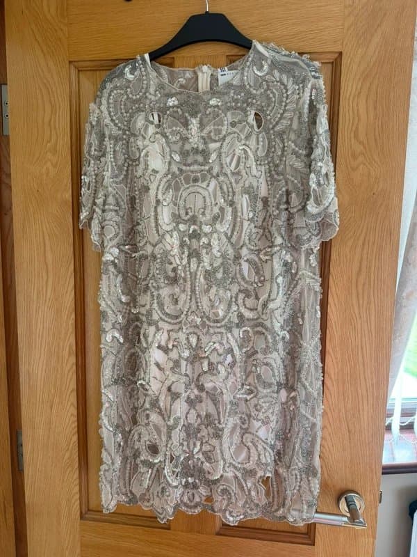 ASOS ASOS Design ornamental embellished shift mini dress with cut work sequins in ivory. Bridal/Hen Party