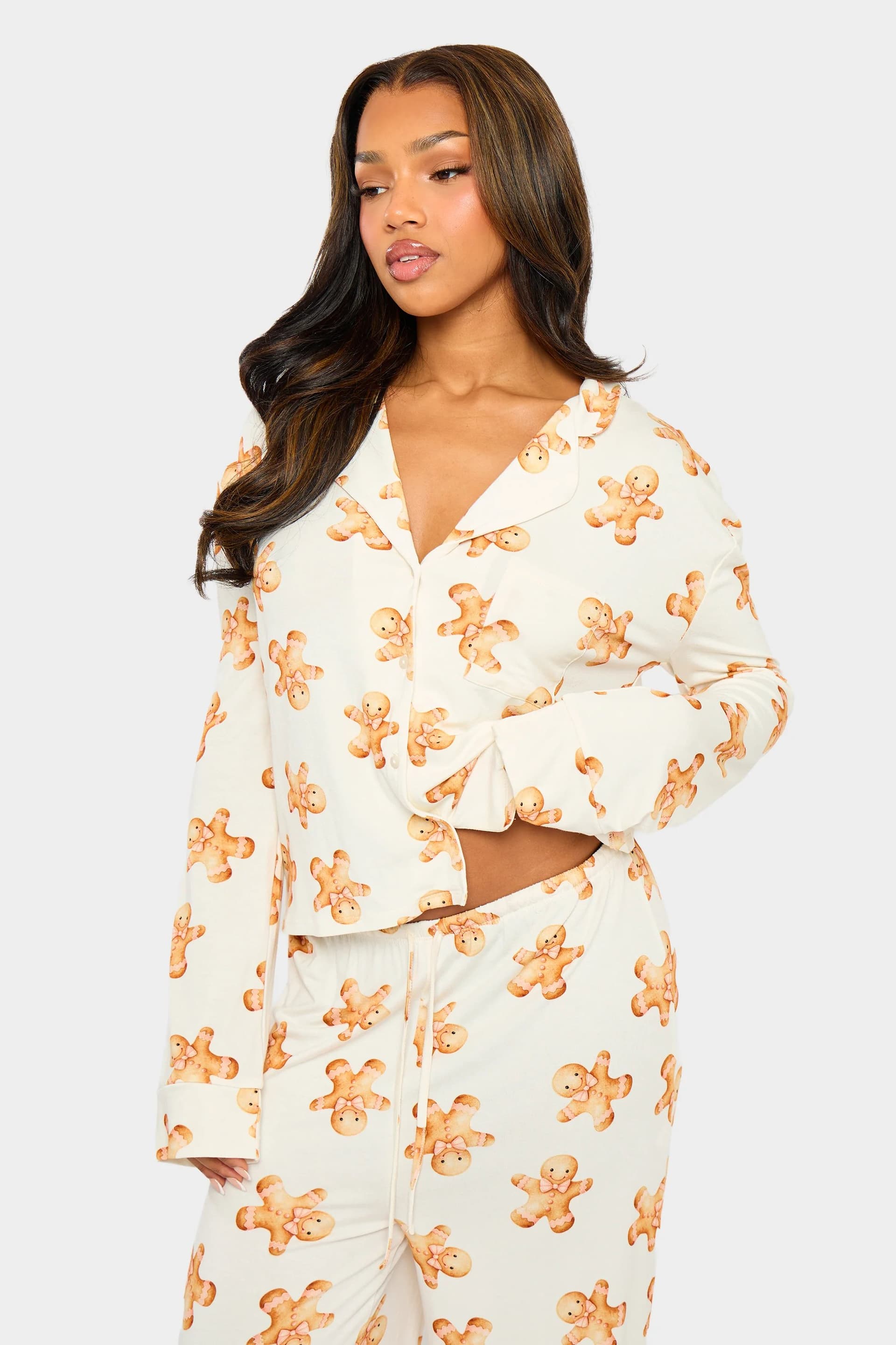 Kaiia Kaiia Supersoft Gingerbread Slouchy Button Up Pyjama Shirt Cream & Brown