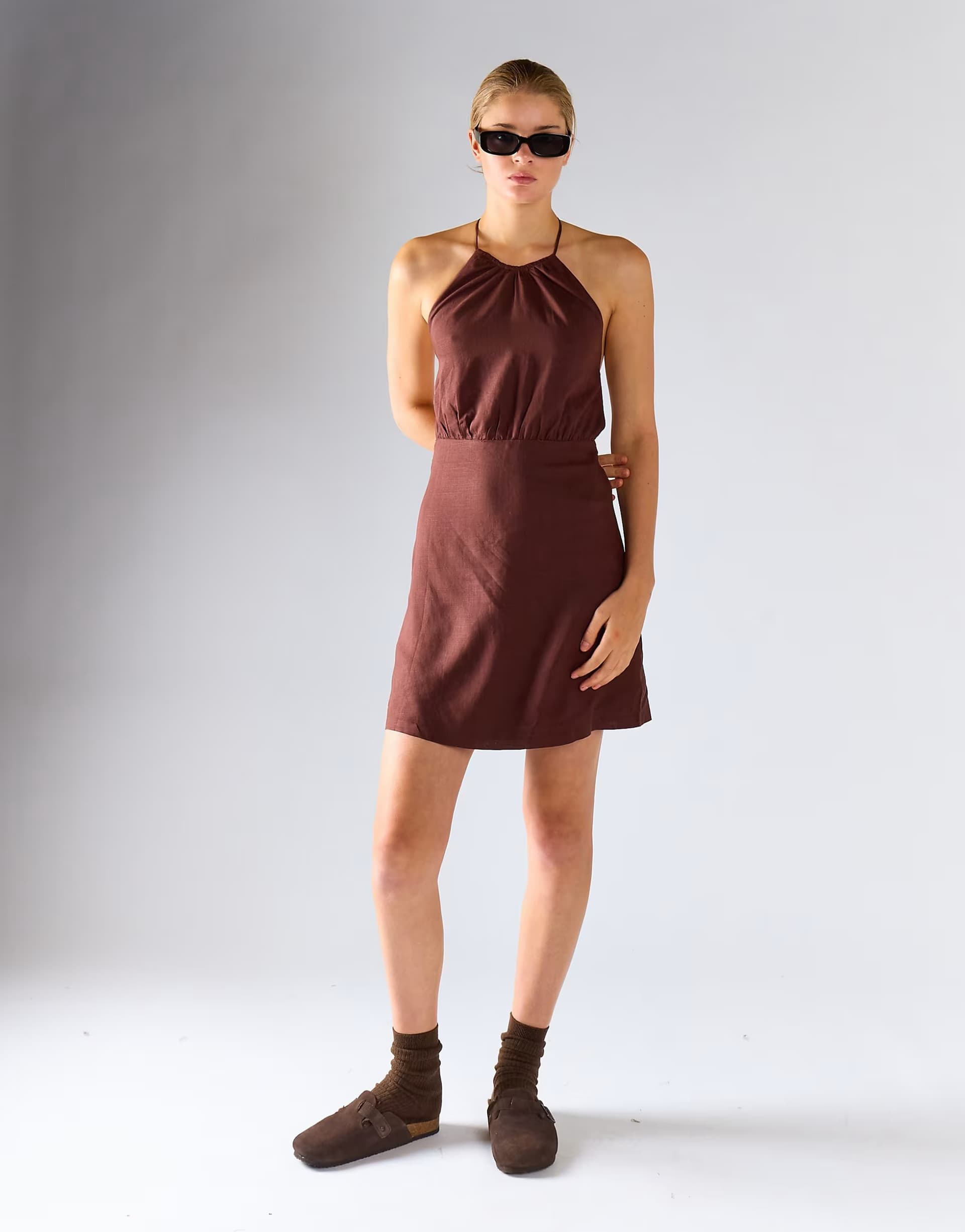 ASOS Glamorous Gathered halter mini dress in brown linen