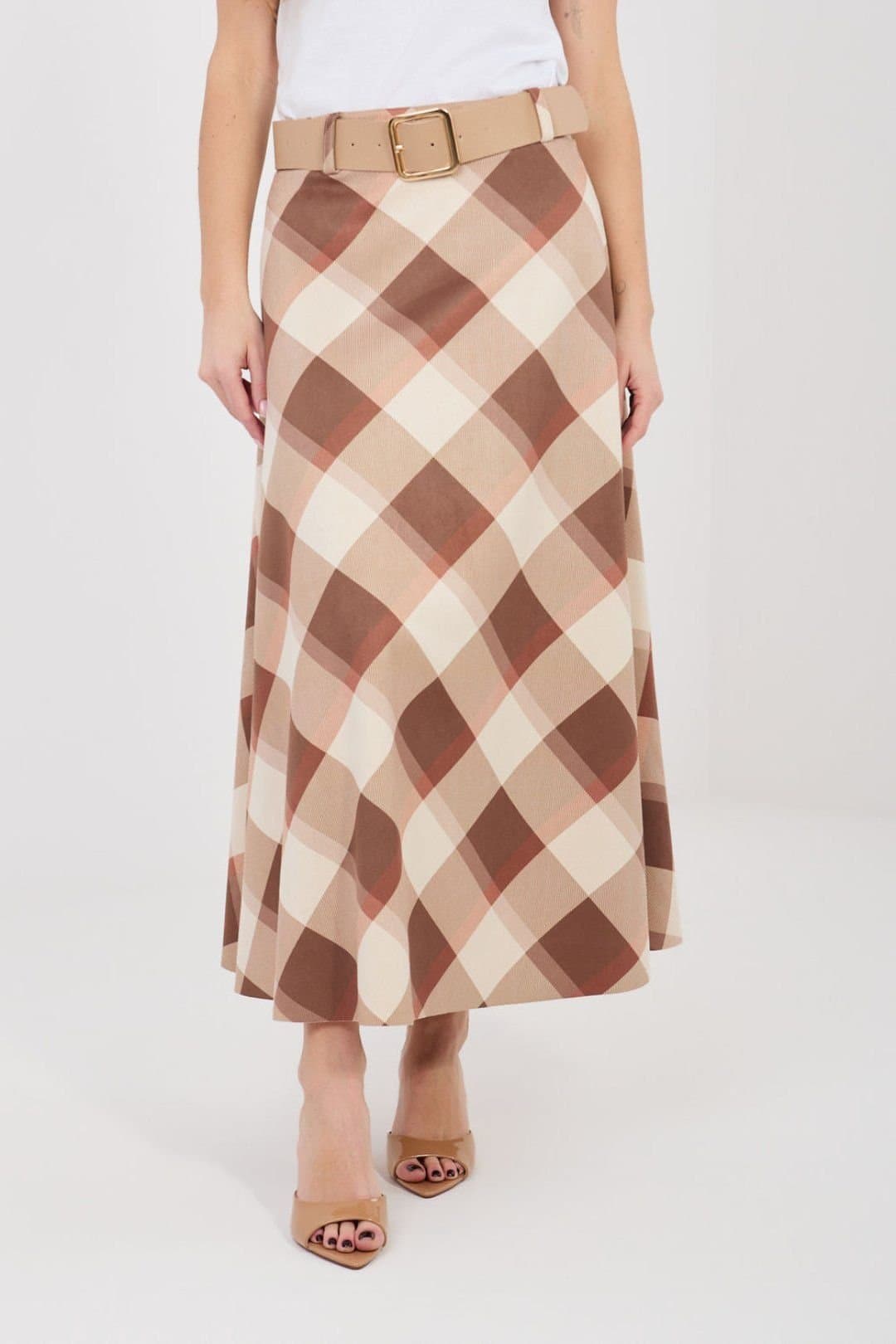 Love Lace Love Lace Women's Maxi Flared Check Skirt with Waist Belt in Brown