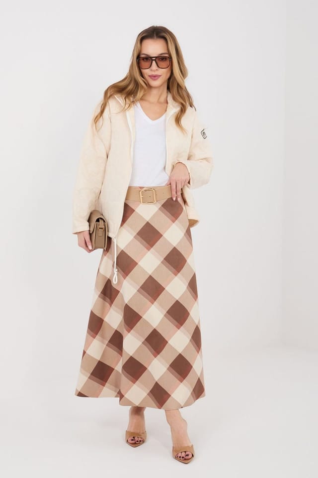 Love Lace Love Lace Women's Maxi Flared Check Skirt with Waist Belt in Brown - 2