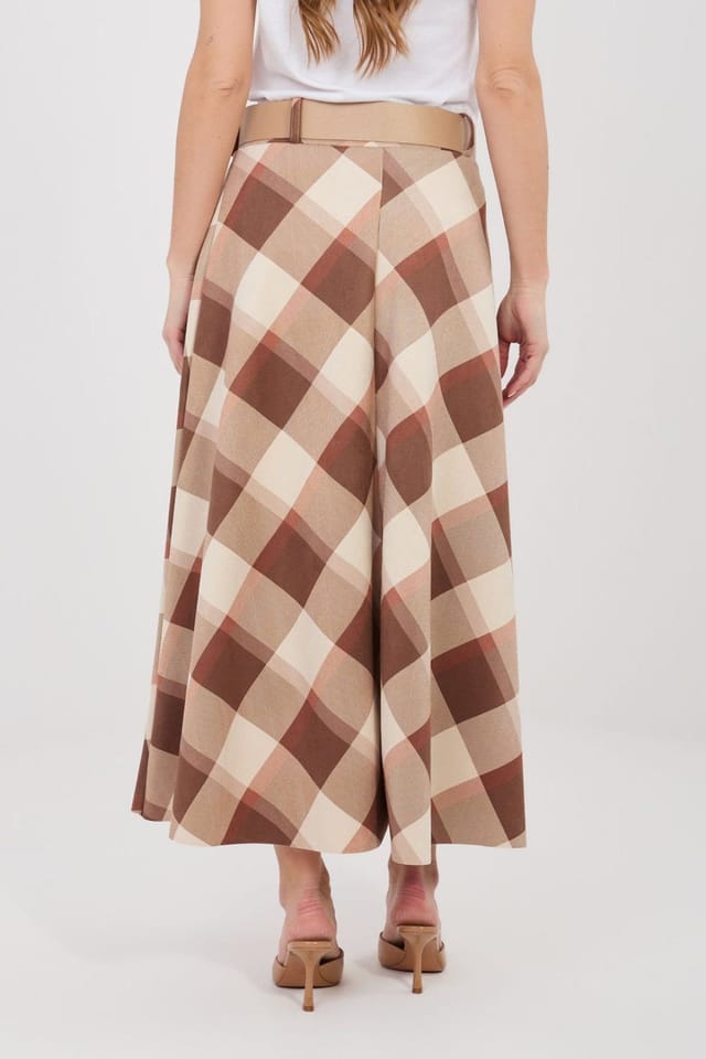 Love Lace Love Lace Women's Maxi Flared Check Skirt with Waist Belt in Brown - 3