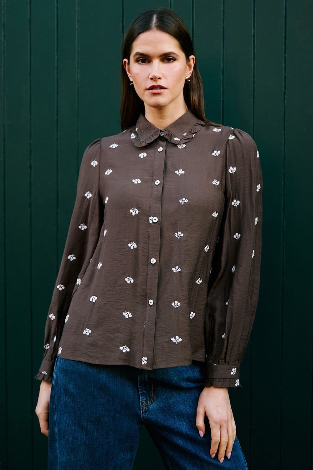 Yumi Yumi Women's Viscose Daisy Embroidered Shirt in Brown