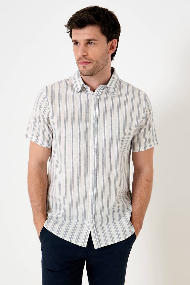 Saltwell Saltwell Men's Stripe Linen Rich Short Sleeve Shirt in White - 3