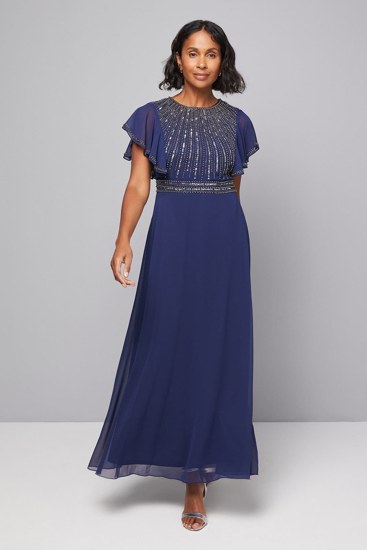 Wallis Wallis Women's Embellished Ruffle Sleeve Maxi Dress in Navy