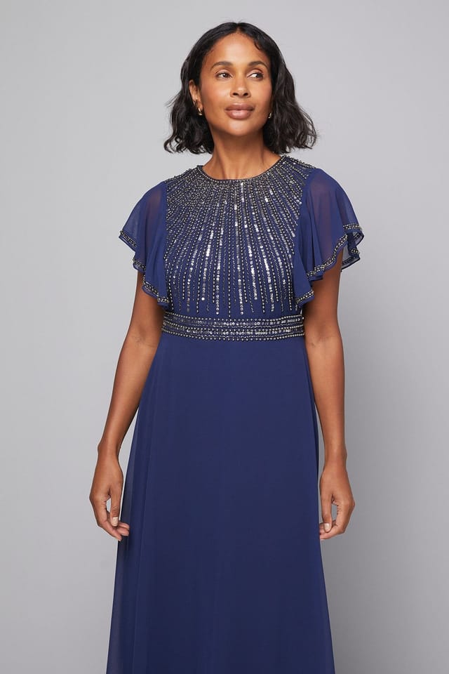 Wallis Wallis Women's Embellished Ruffle Sleeve Maxi Dress in Navy - 2