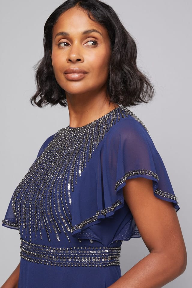 Wallis Wallis Women's Embellished Ruffle Sleeve Maxi Dress in Navy - 3