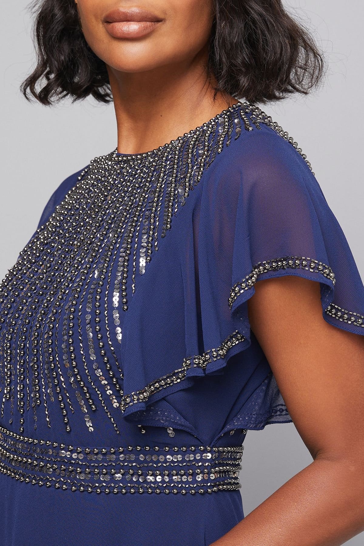 Wallis Wallis Women's Embellished Ruffle Sleeve Maxi Dress in Navy - 4