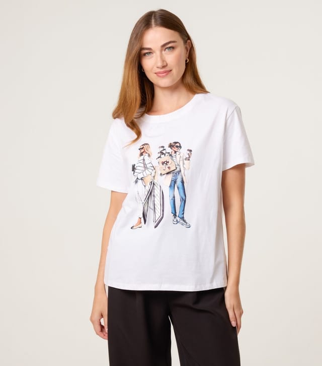 Blue Vanilla Women's White Fashionista Illustration Print T-Shirt Blue Vanilla New Look - 2