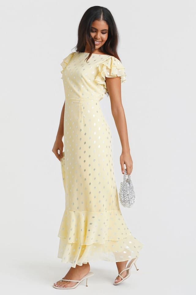 Needs No Label Needs No Label Women's Lemon Flutter Sleeve Foil Midaxi Dress - 2