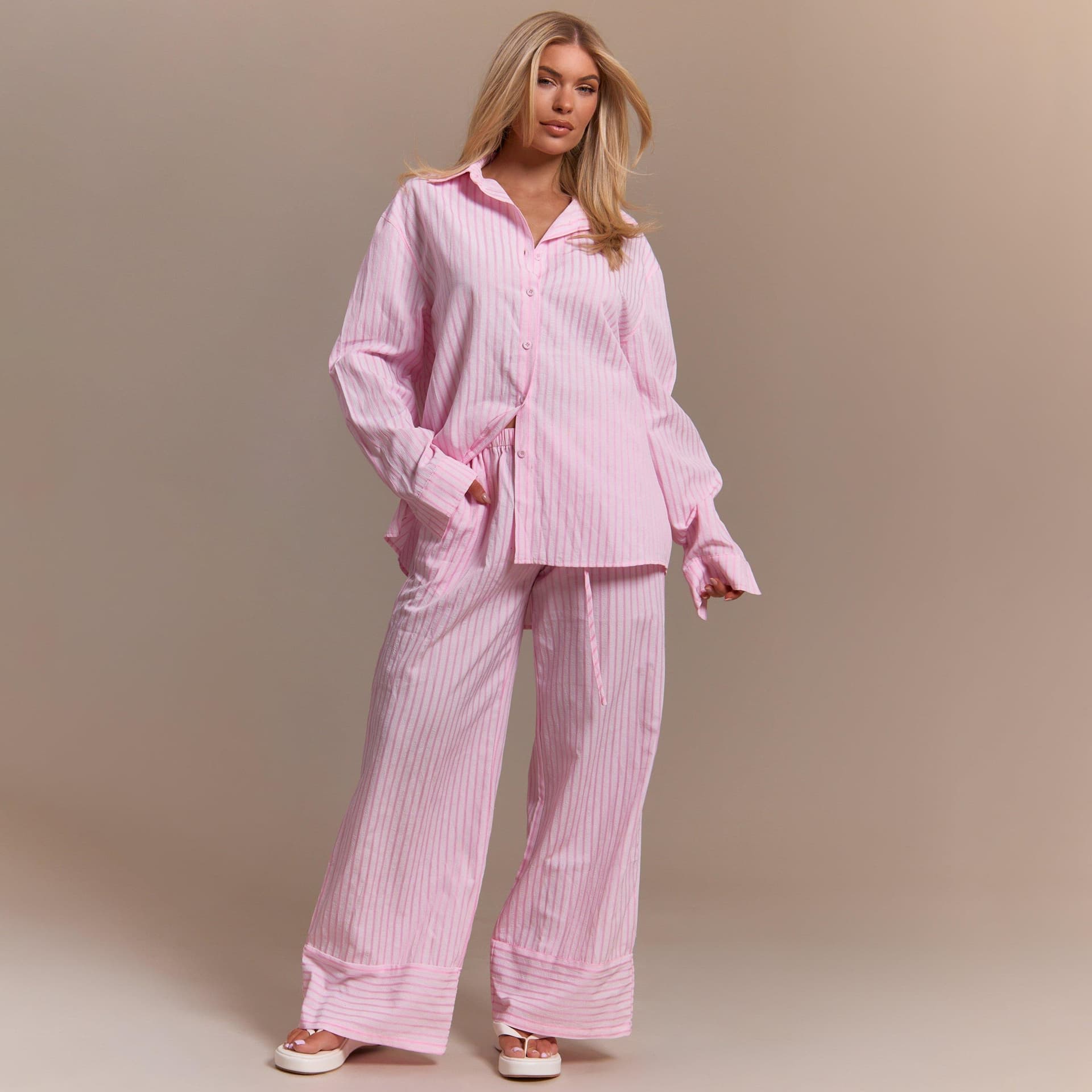 EGO Drawstring Waist Wide Leg Poplin Trousers In Pink Stripe, Women's Size UK 6