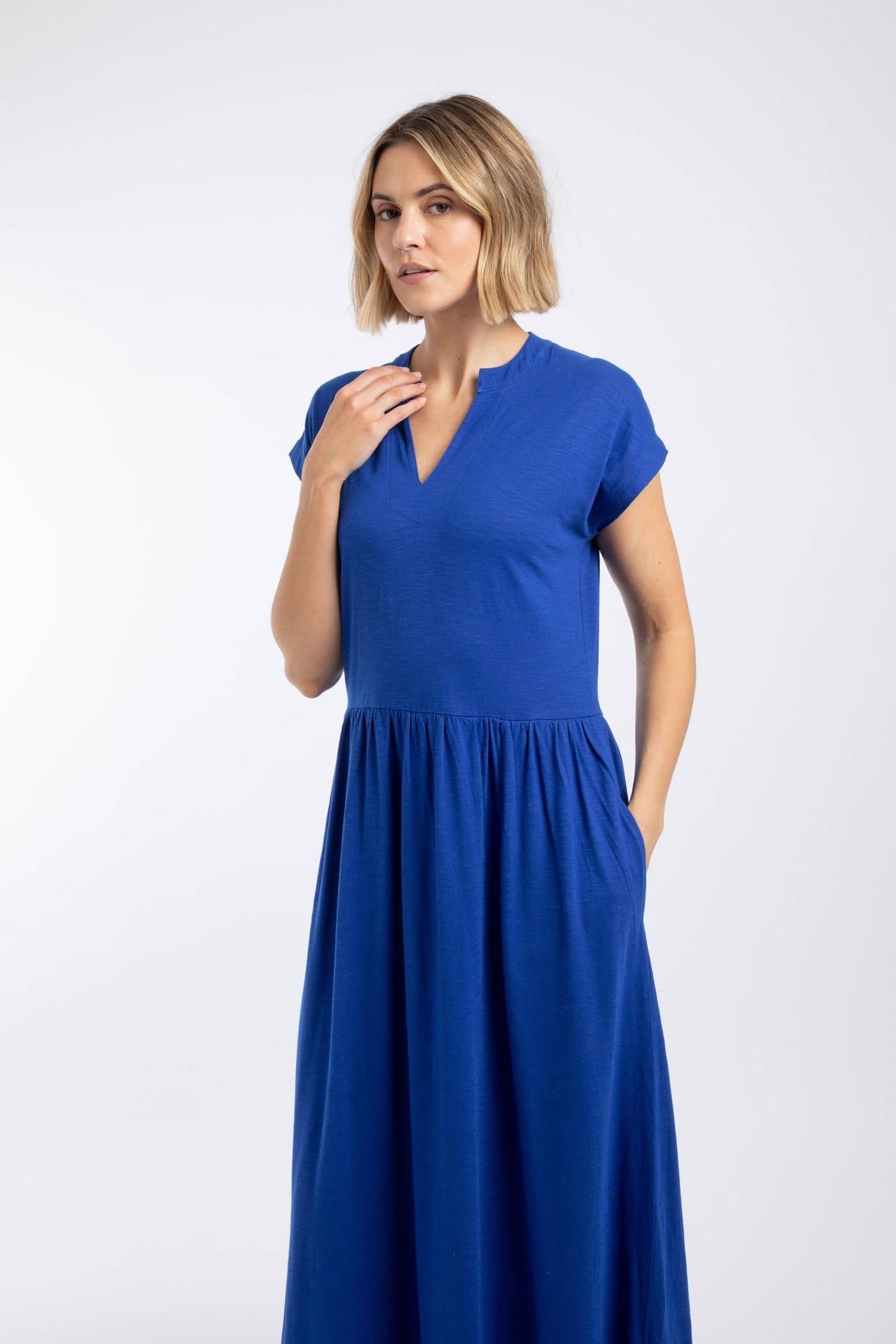 Weird Fish Weird Fish Women's Reed Plain Jersey Notch Neck Maxi dress in Blue