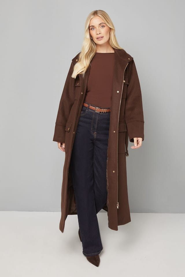 Wallis Wallis Women's Button Down Military Belted Collar Coat in Chocolate - 2