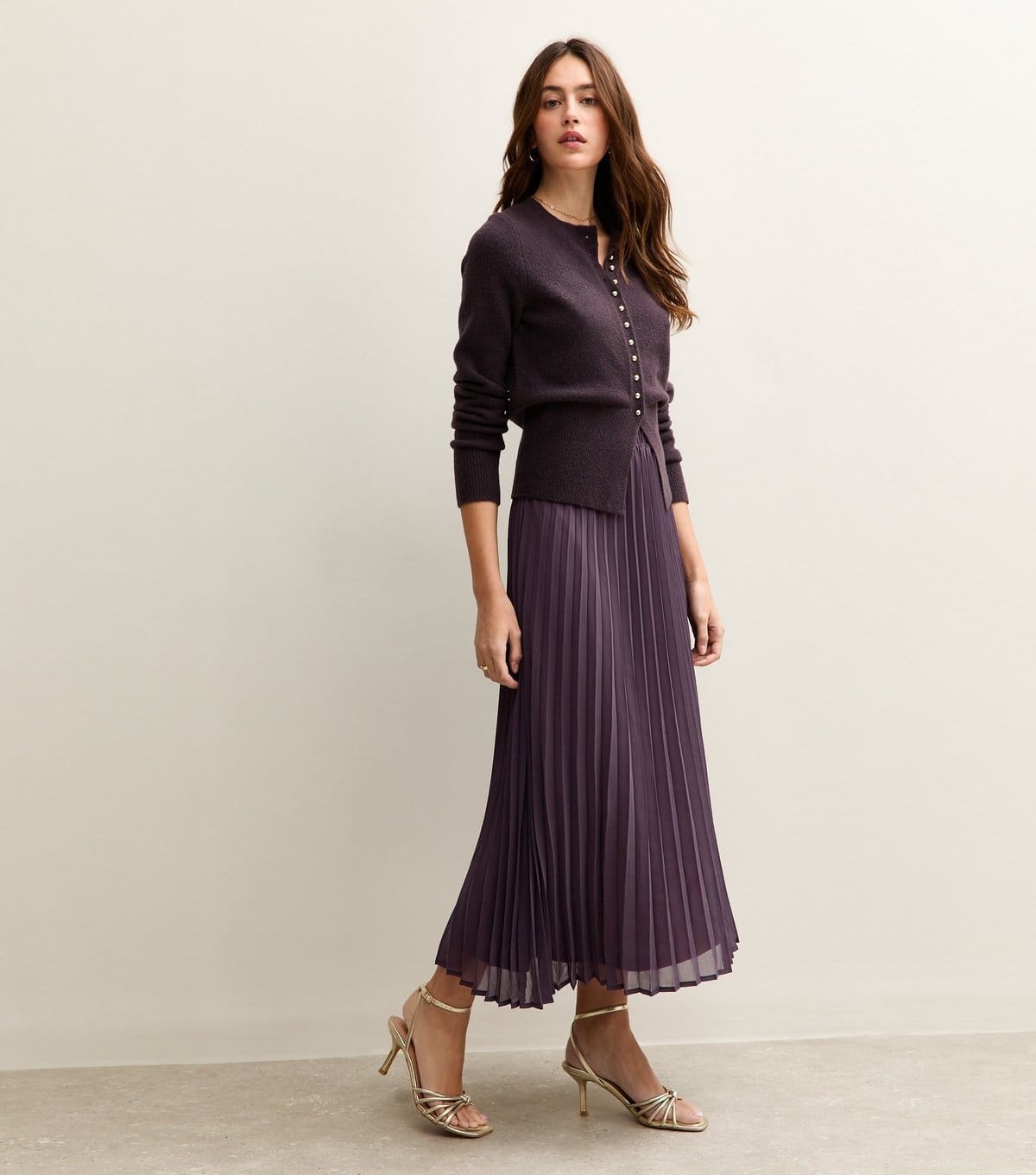 New Look Dark Purple Chiffon Pleated Midi Skirt