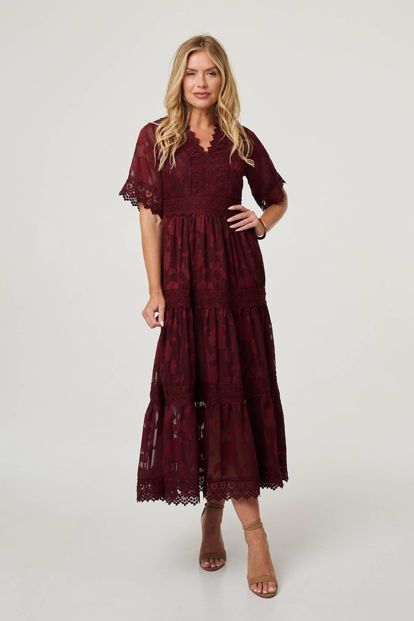 Izabel London Izabel London Women's Floral Lace Frill 1/2 Sleeve Midi Dress in Red