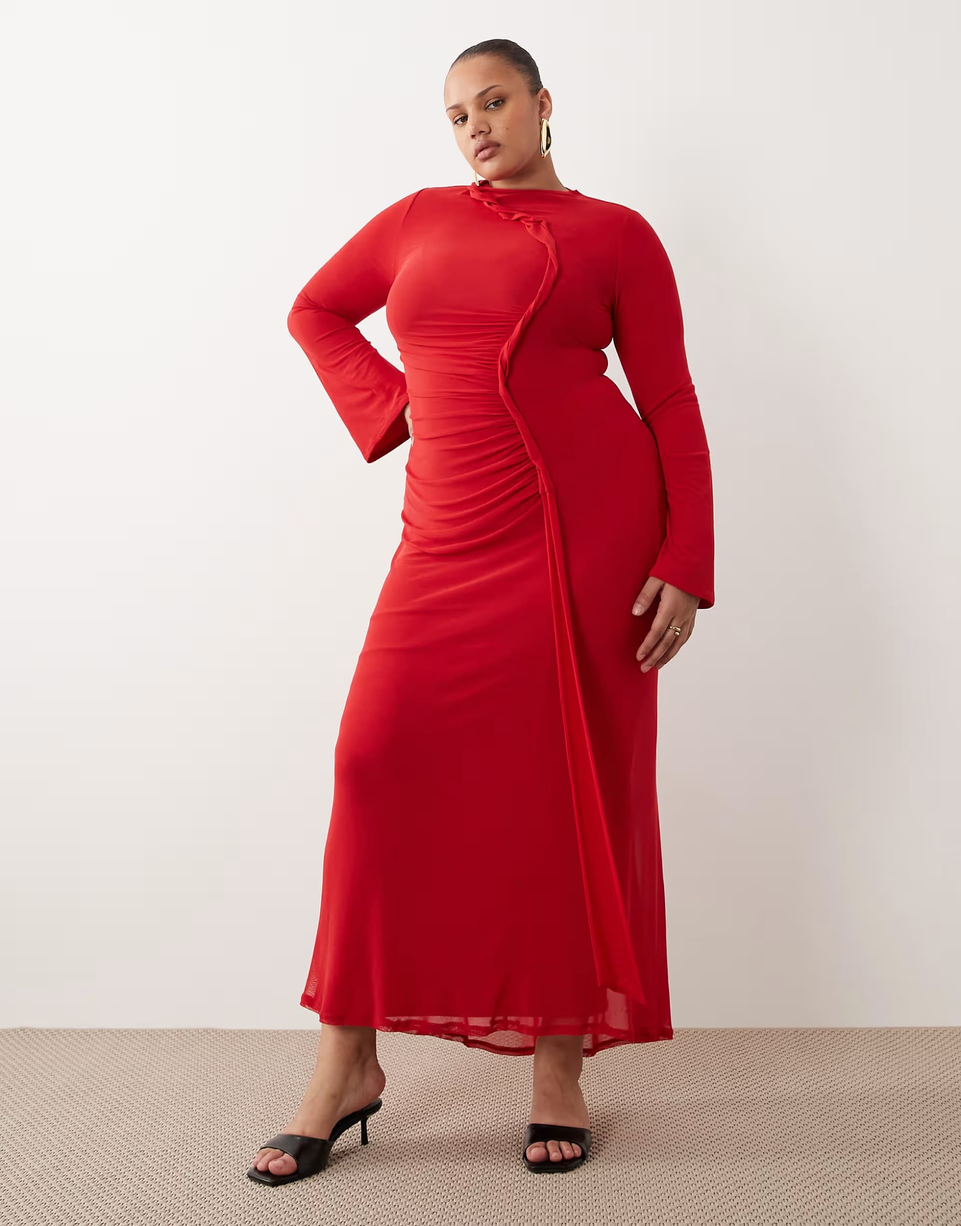ASOS ASOS DESIGN Curve mesh long sleeve maxi dress with twist detail in red - RED