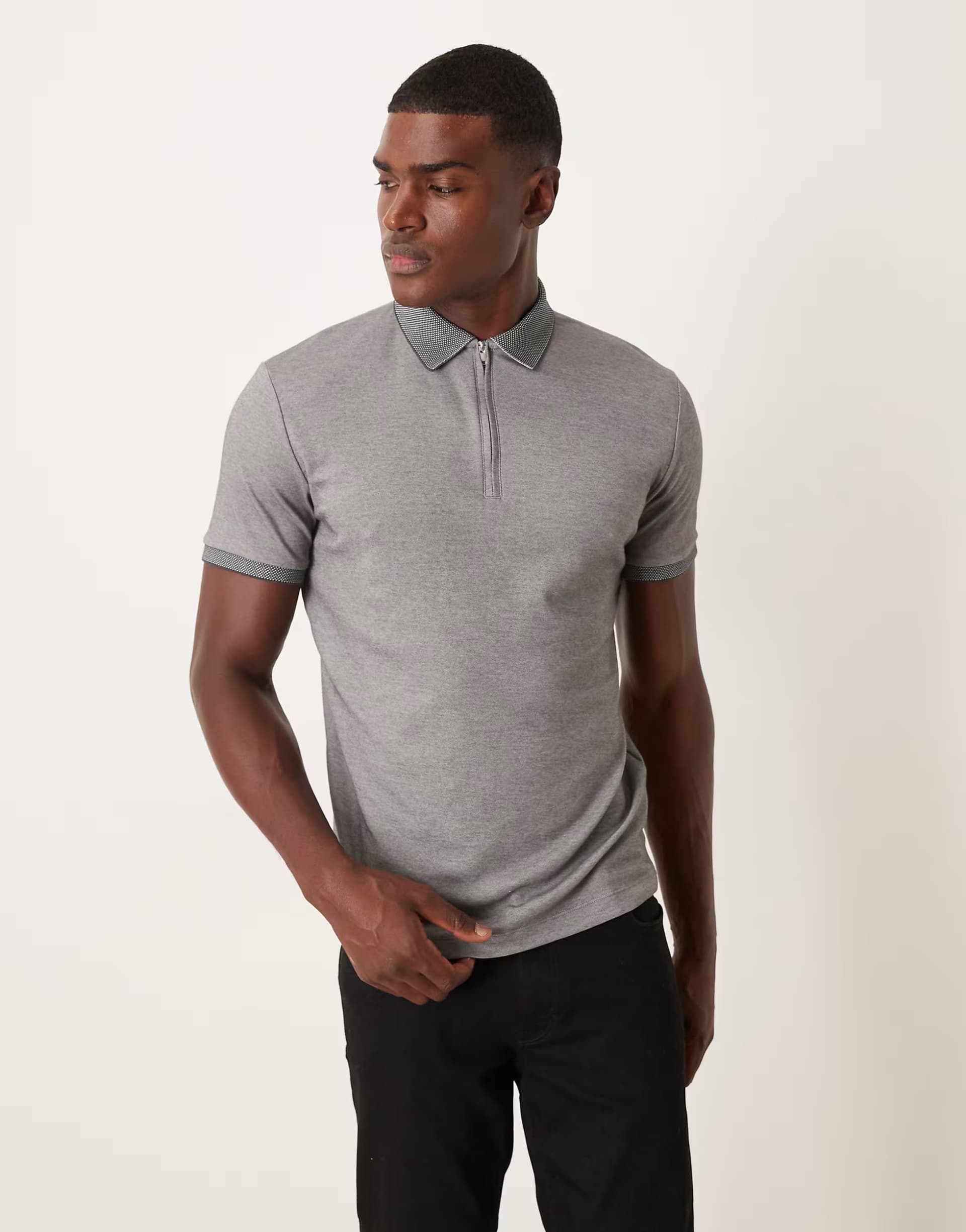 ASOS ASOS Selected Zip Polo Shirt in Light Grey