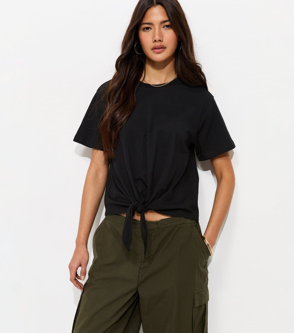 New Look Women's Black Cotton Tie Front T-Shirt New Look