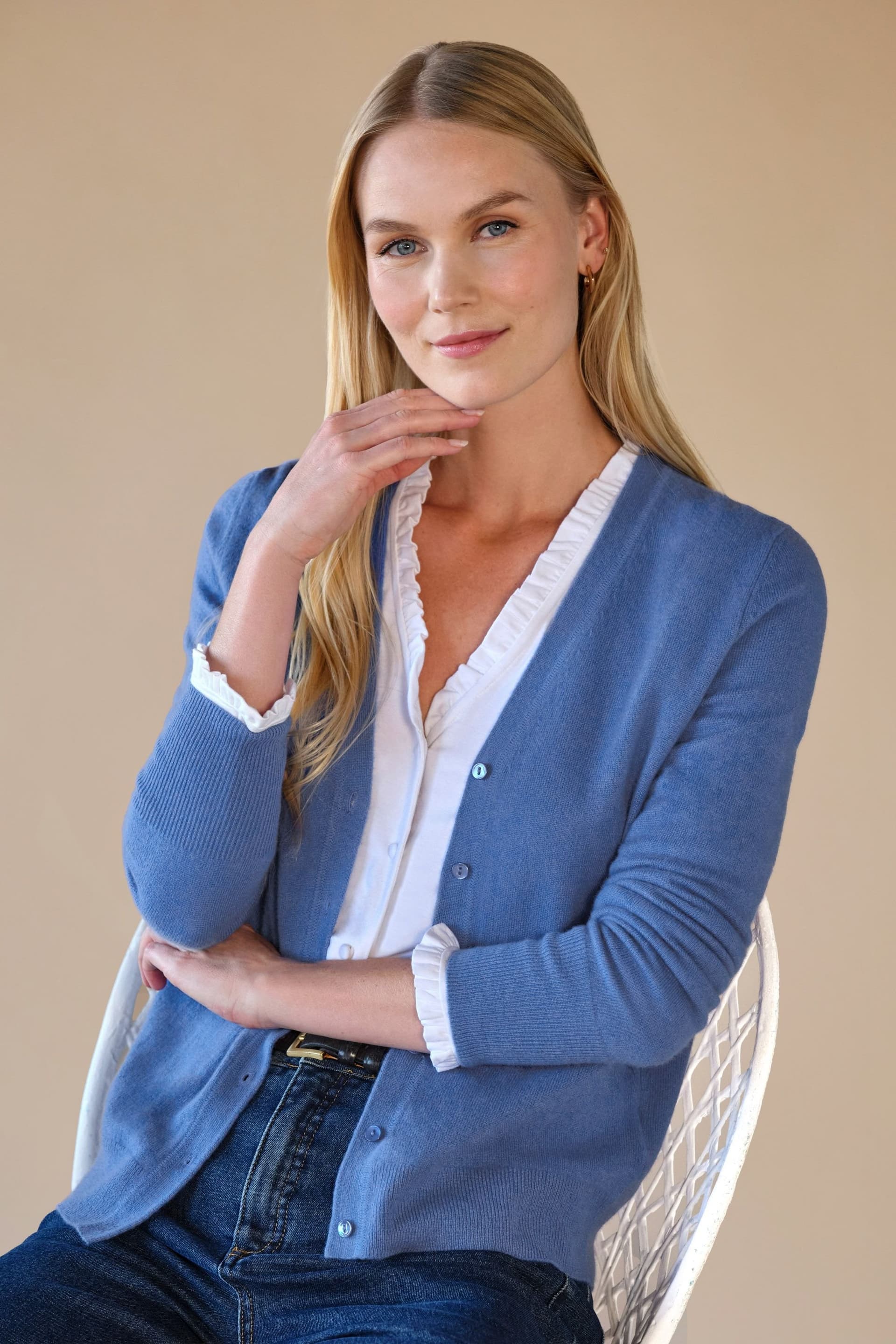 Pure Collection Pure Collection Women's Cashmere V Neck Cardigan in Mid Blue