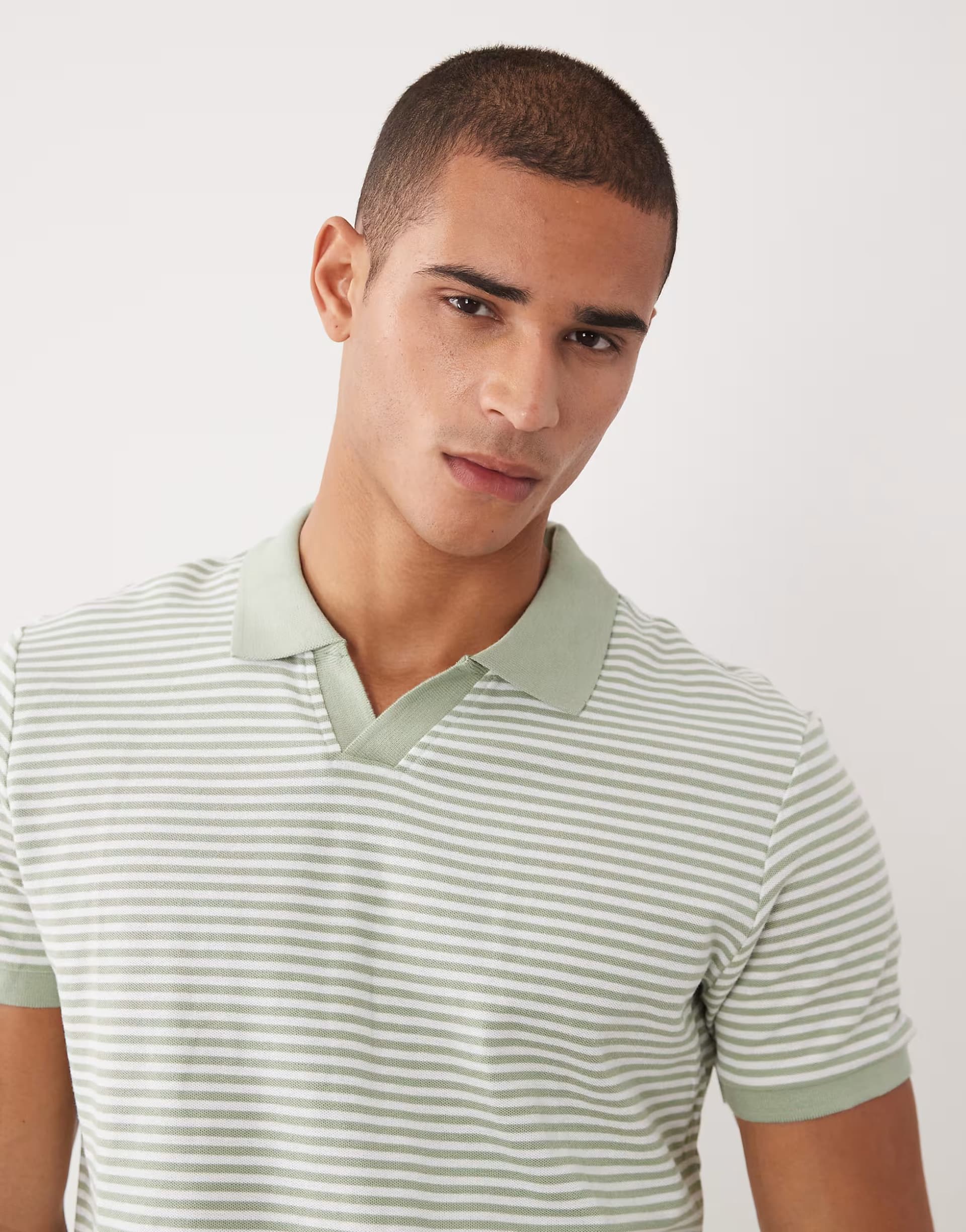 ASOS Threadbare short sleeve knitted polo top in sage green and white stripe