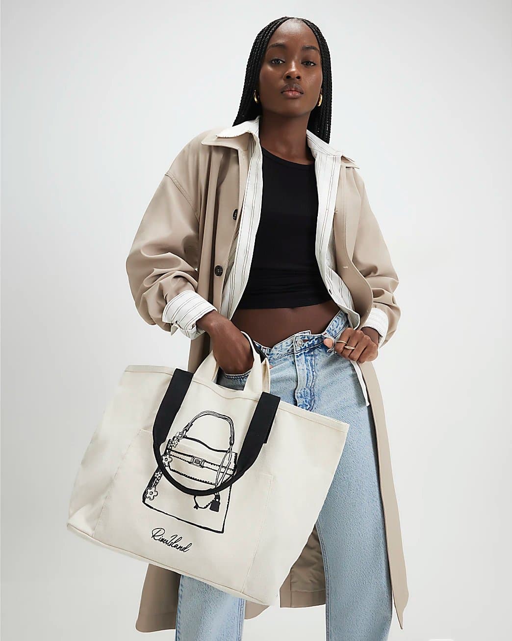 River Island River Island Womens Beige Pocket Front Canvas Tote Bag