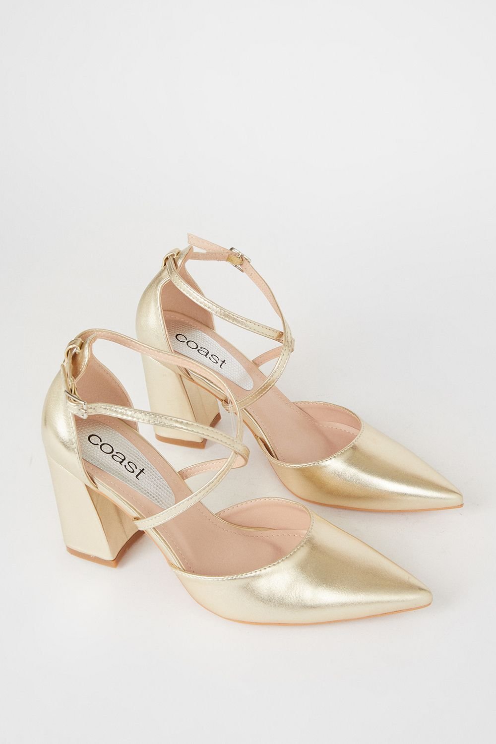 Coast Coast Women's Treat Faux Leather Cross Strap Pointed Block Heel Court Shoes in Gold - 4