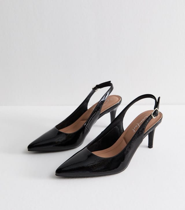 New Look Women's Black Faux Patent Slingback Pumps Vegan New Look - 2