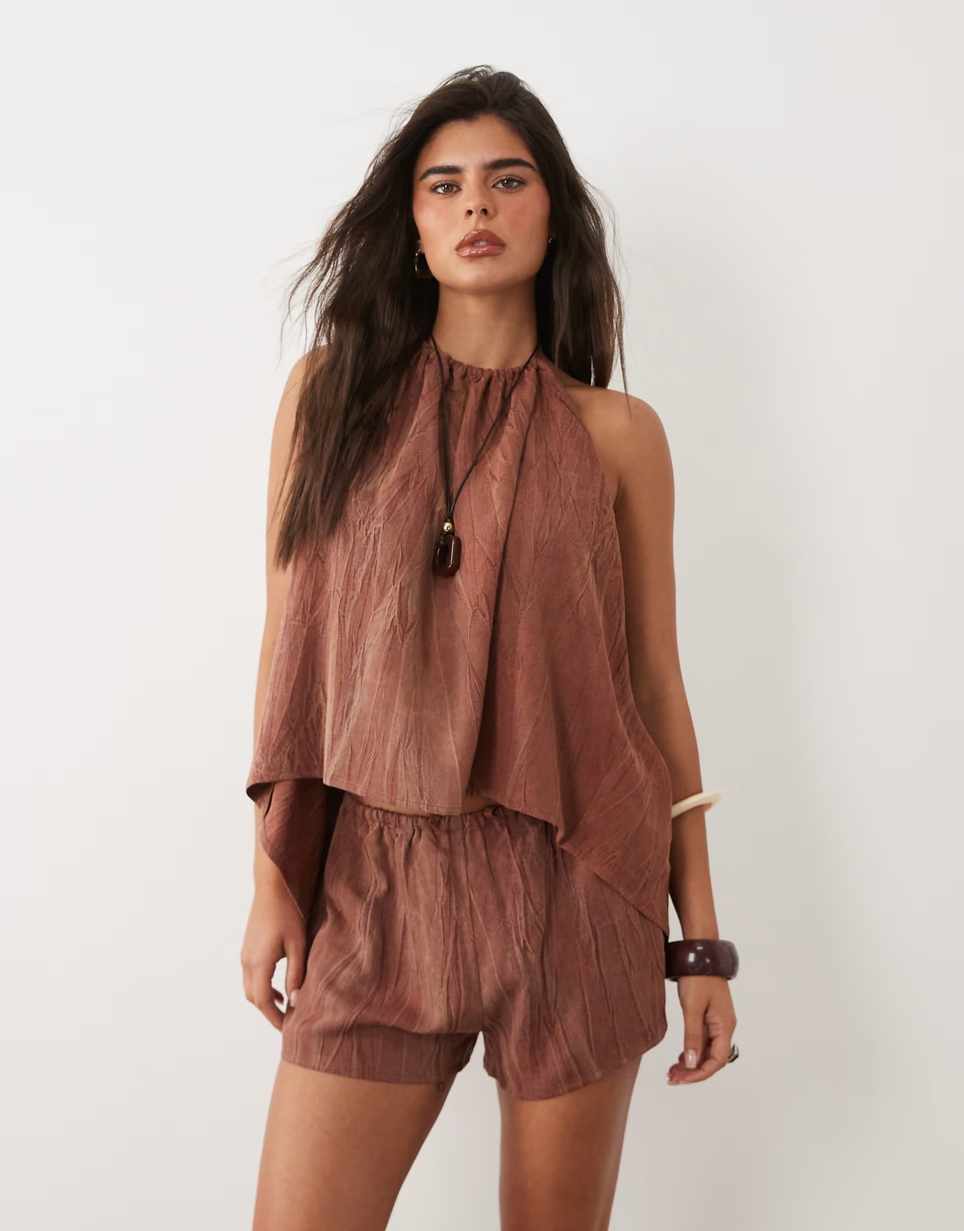ASOS Missyempire ruched halterneck detail floaty top and shorts co-ord in brown washed stripe