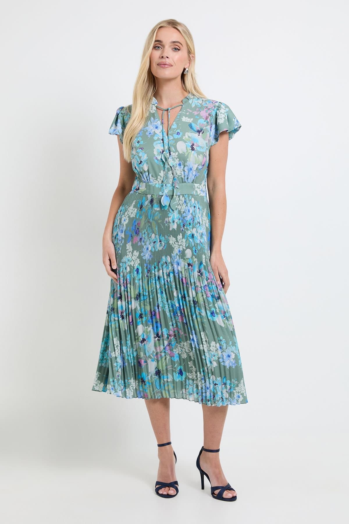 Wallis Wallis Women's Petite Floral Ruffle Neck Pleated Midi Dress in Green
