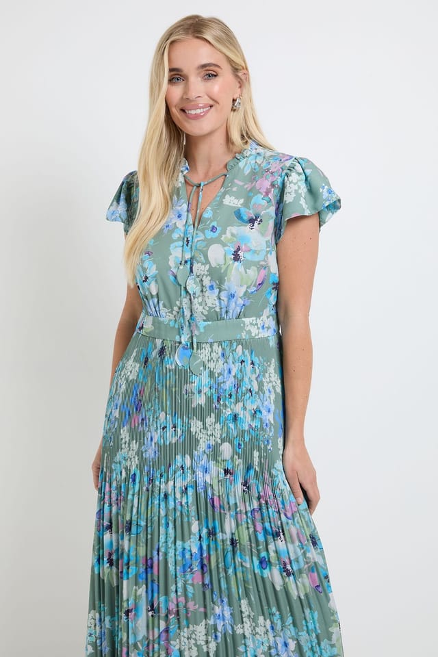 Wallis Wallis Women's Petite Floral Ruffle Neck Pleated Midi Dress in Green - 2