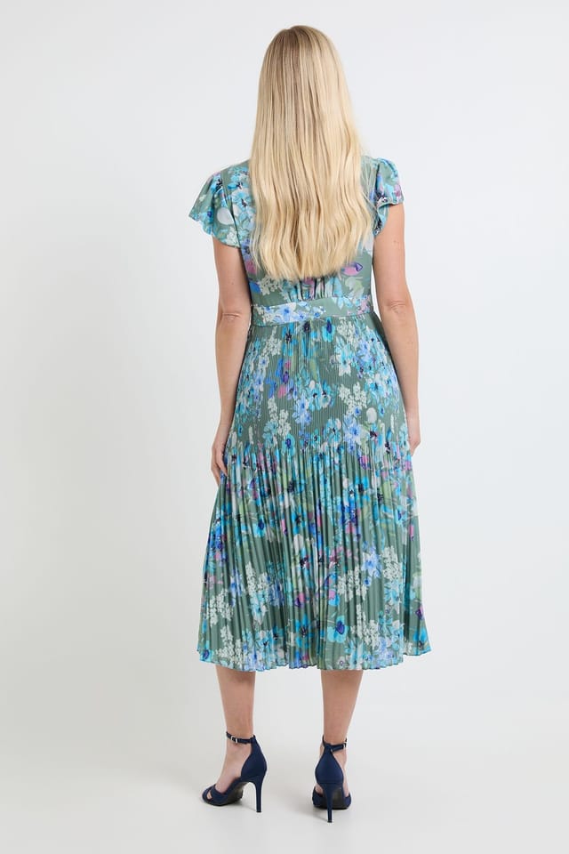 Wallis Wallis Women's Petite Floral Ruffle Neck Pleated Midi Dress in Green - 3