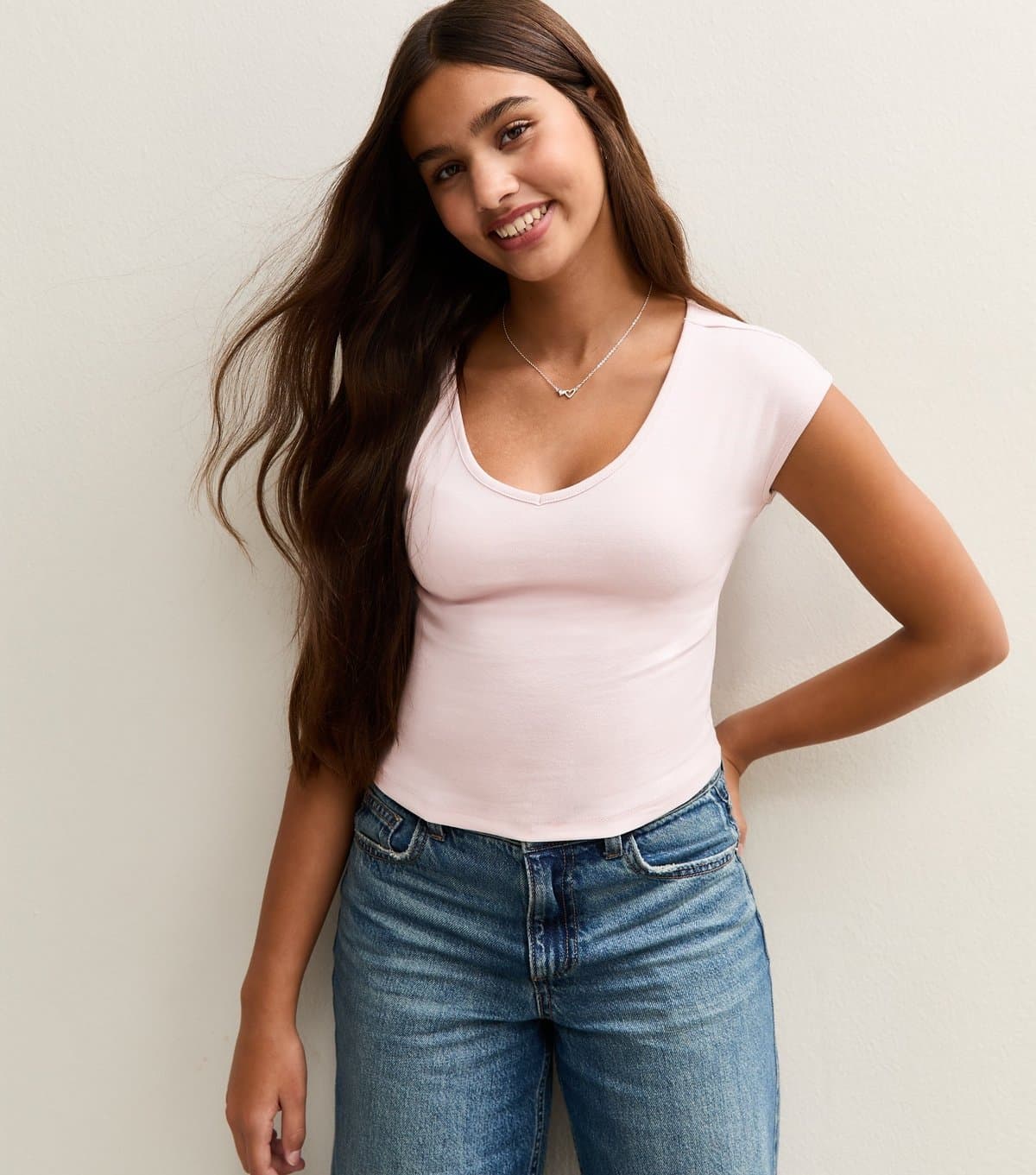 New Look Girls' Light Pink V-Neck Cap Sleeve T-Shirt New Look