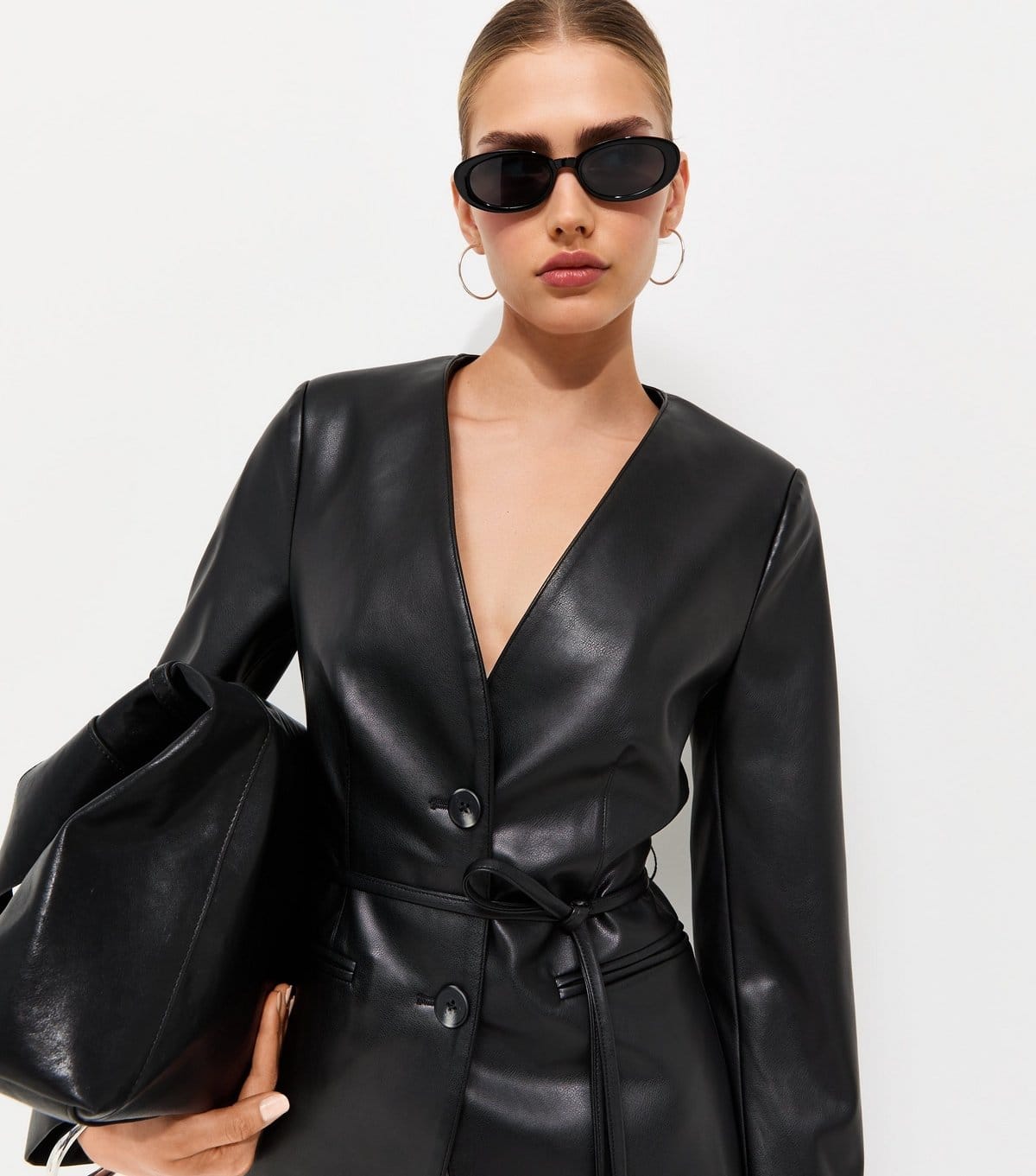 New Look Black Faux Leather Collarless Tie Waist Blazer
