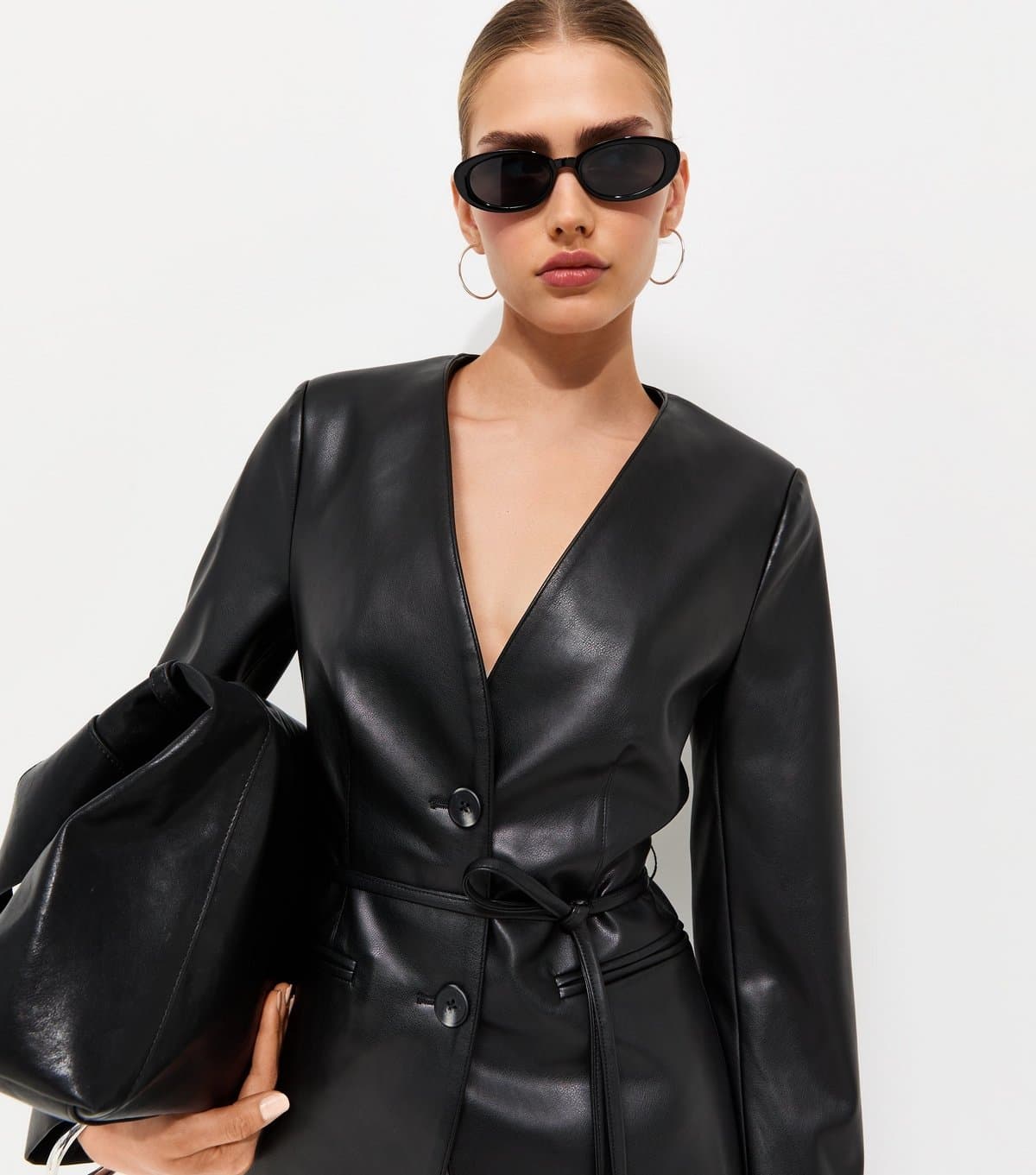 New Look New Look Black Faux Leather Collarless Tie Waist Blazer