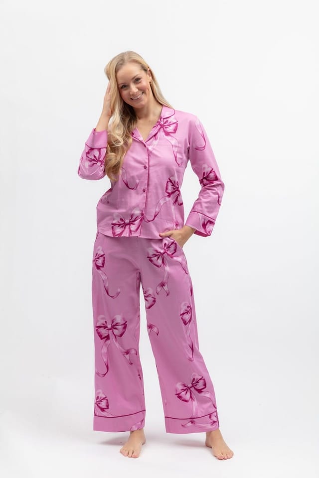 Cyberjammies Cyberjammies Women's Womens Bow Print Long Sleeve Wide Leg Pyjama Set in Magenta - 2