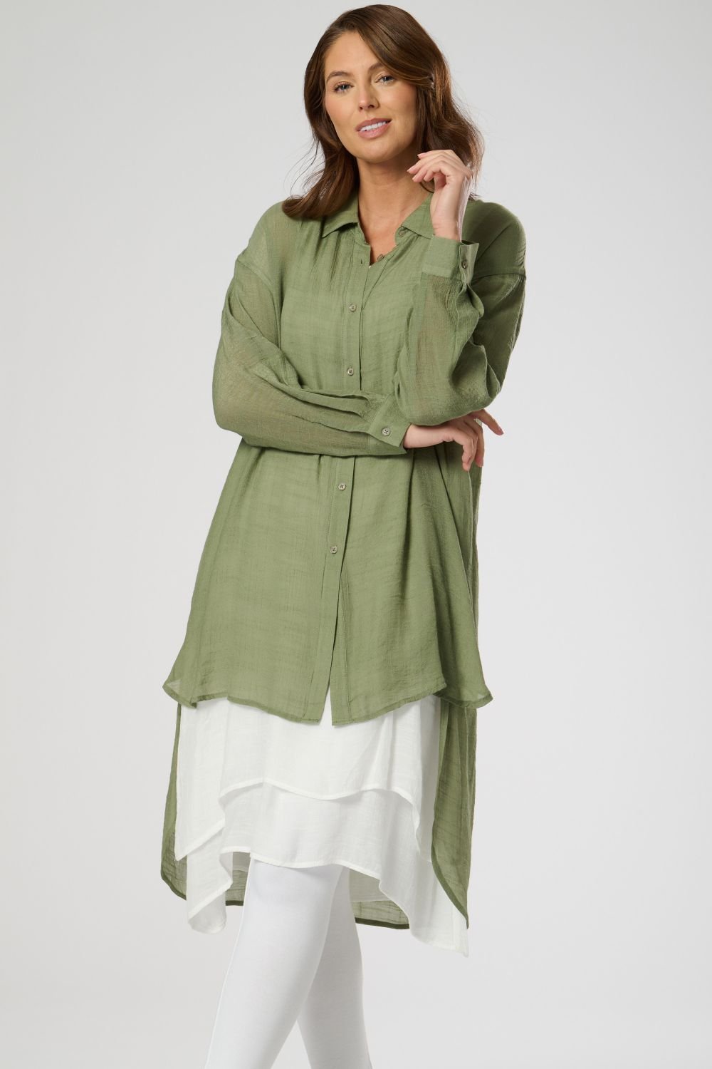 Saloos Saloos Women's Layered White Dress with Dip Back Shirt in Khaki - 2