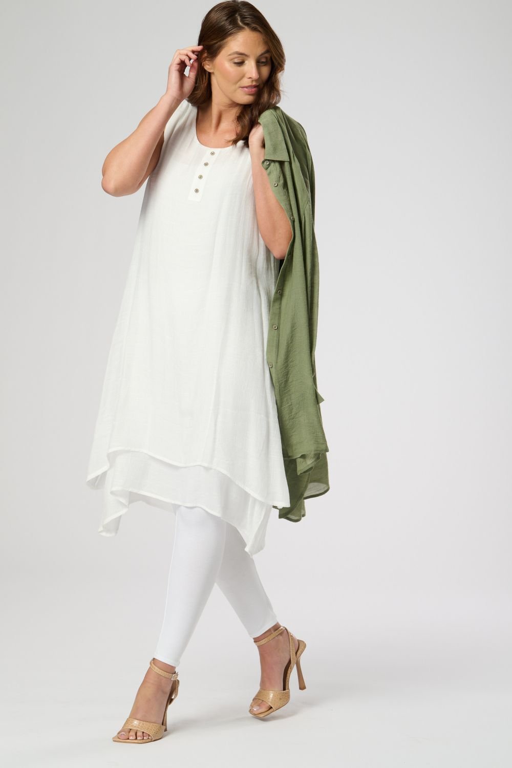 Saloos Saloos Women's Layered White Dress with Dip Back Shirt in Khaki - 3