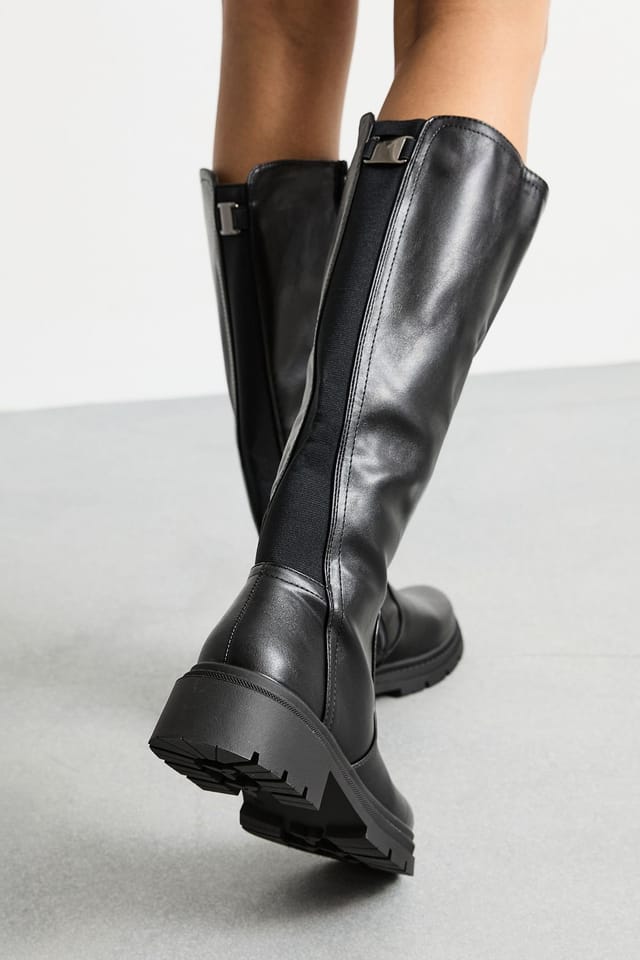 Faith Faith Women's : Daphne Faux Leather Back Elastic Chunky Knee Boots in Black - 3