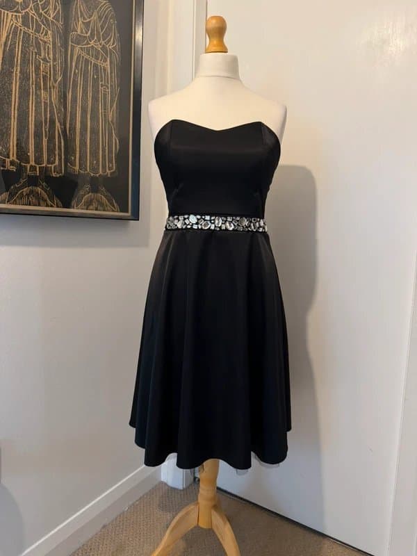 no brand Black Strapless Prom Dress, Embellished Waist, Fit & Flare Party Cocktail - Size UK 14