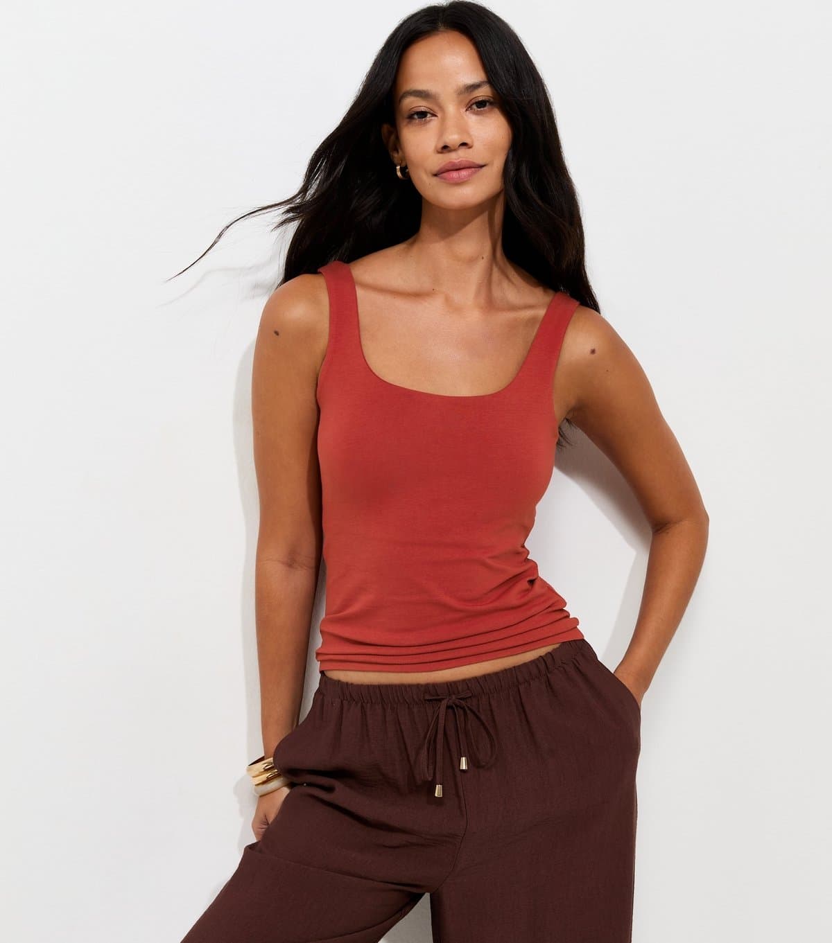 New Look Women's Dark Red Cotton Rich Square Neck Vest Top New Look