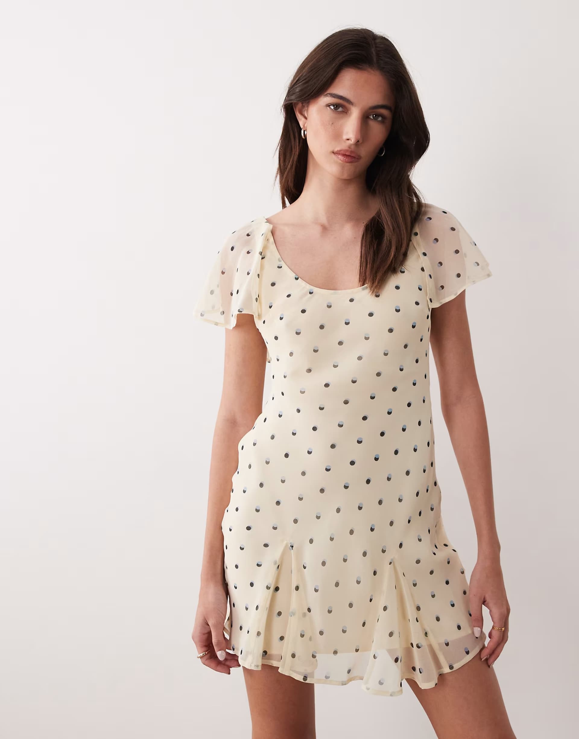 ASOS ASOS DESIGN ruffle sleeve scoop bias mini dress in blue black spot