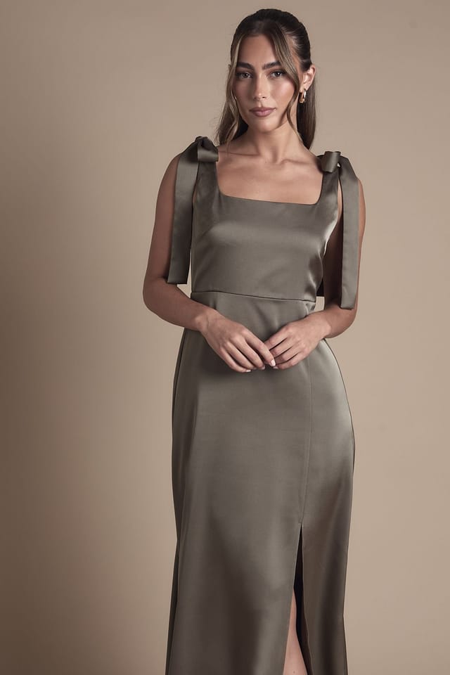 Oasis Oasis Women's Satin Tie Shoulder Midi Bridesmaid Dress in Olive - 2