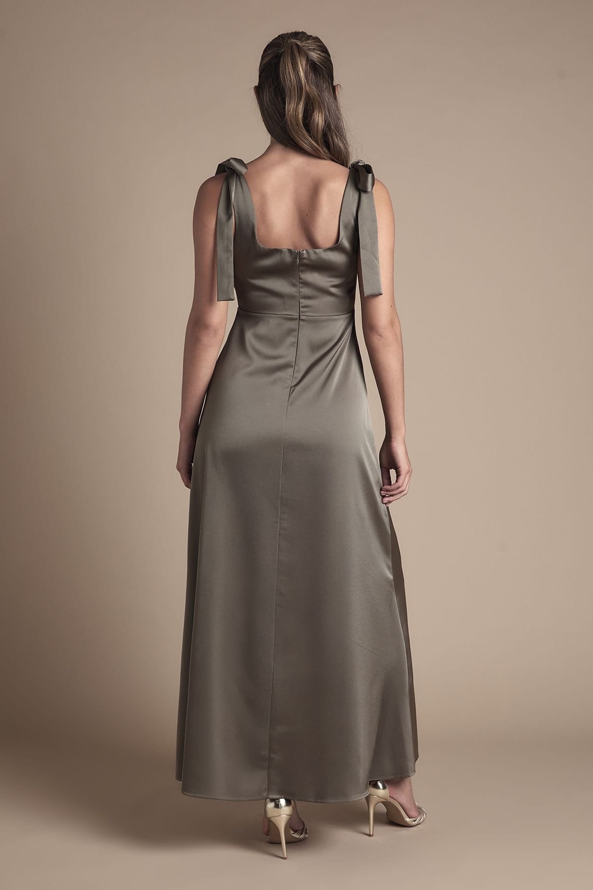 Oasis Oasis Women's Satin Tie Shoulder Midi Bridesmaid Dress in Olive - 4
