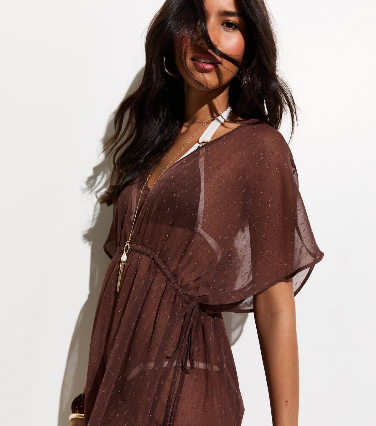 New Look Women's Dark Brown Sheer Sparkly Beach Kaftan Dress New Look
